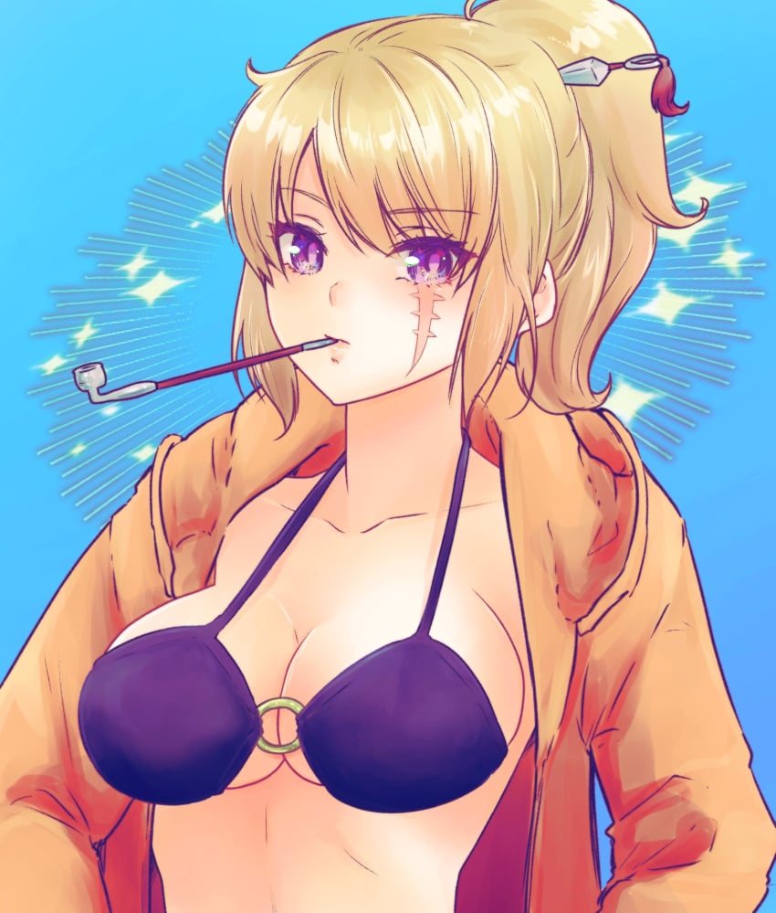 big_breasts bikini black_bikini blonde_hair blue_background cleavage facial_scar female female_only gintama hoodie kiseru looking_at_viewer official_alternate_costume paleatus pipe ponytail purple_eyes smoking smoking_pipe solo swimsuit tsukuyo upper_body