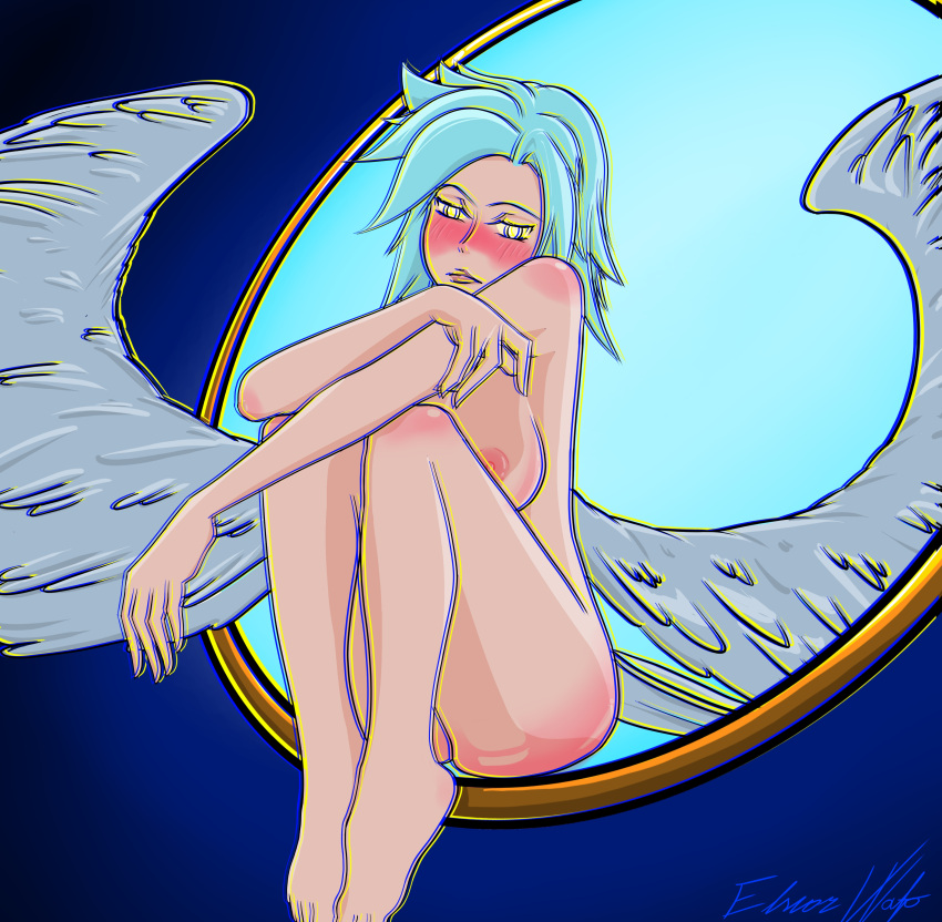 1girls angel angel_wings blue_hair breasts elsior_wafo feathered_wings kayle league_of_legends naked naked_female nipples orange_sclera ring solo solo_female white_wings wings yellow_eyes