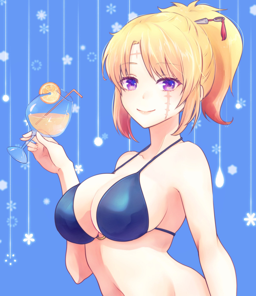 big_breasts bikini black_bikini blonde_hair blue_background cleavage drink facial_scar female female_only gintama hair_ornament kunai looking_at_viewer official_alternate_costume official_alternate_hairstyle paleatus ponytail purple_eyes sideboob smile solo tsukuyo upper_body