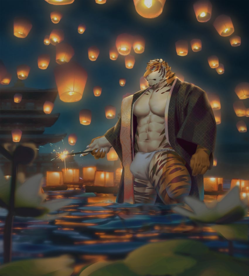 2022 abs anthro asian_clothing biped blue_eyes bozi bulge clothed clothing detailed_background detailed_bulge digital_media_(artwork) digital_painting_(artwork) east_asian_clothing felid fur hi_res holding_object japanese_clothing lamp lantern male mammal muscular muscular_anthro muscular_male open_clothing open_yukata orange_body orange_fur pantherine paper_lantern partially_submerged pecs sky_lantern solo sparkler standing_in_water striped_body striped_fur stripes tiger white_body white_fur yukata