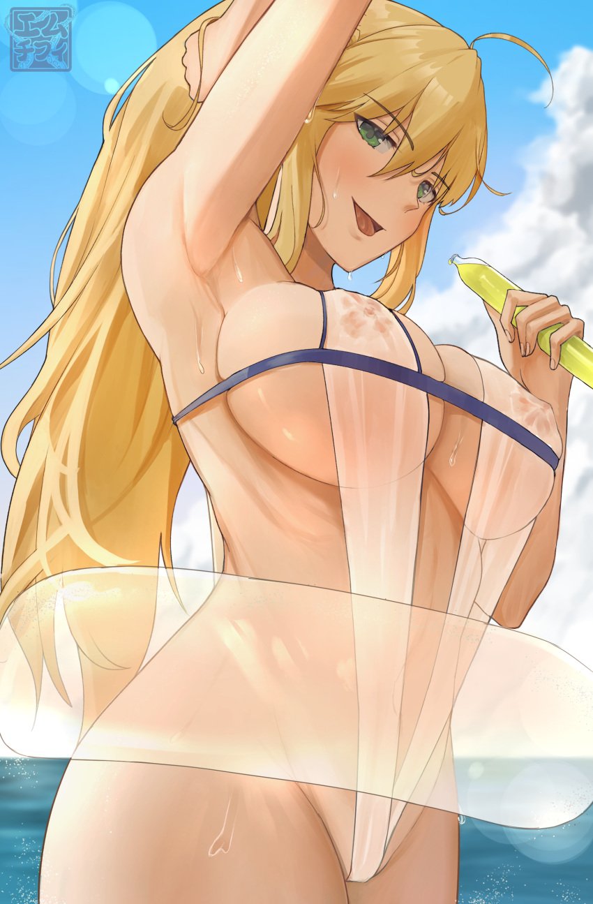 1girls alternate_version_available areola_bulge areolae armpits artoria_pendragon artoria_pendragon_(lancer) big_breasts blonde_hair breasts fate/grand_order fate_(series) female female_only floatie green_eyes holding_object huge_breasts long_hair mchiefy nipples nipples_visible_through_clothing skimpy skimpy_bikini sling_bikini solo solo_female white_sling_bikini