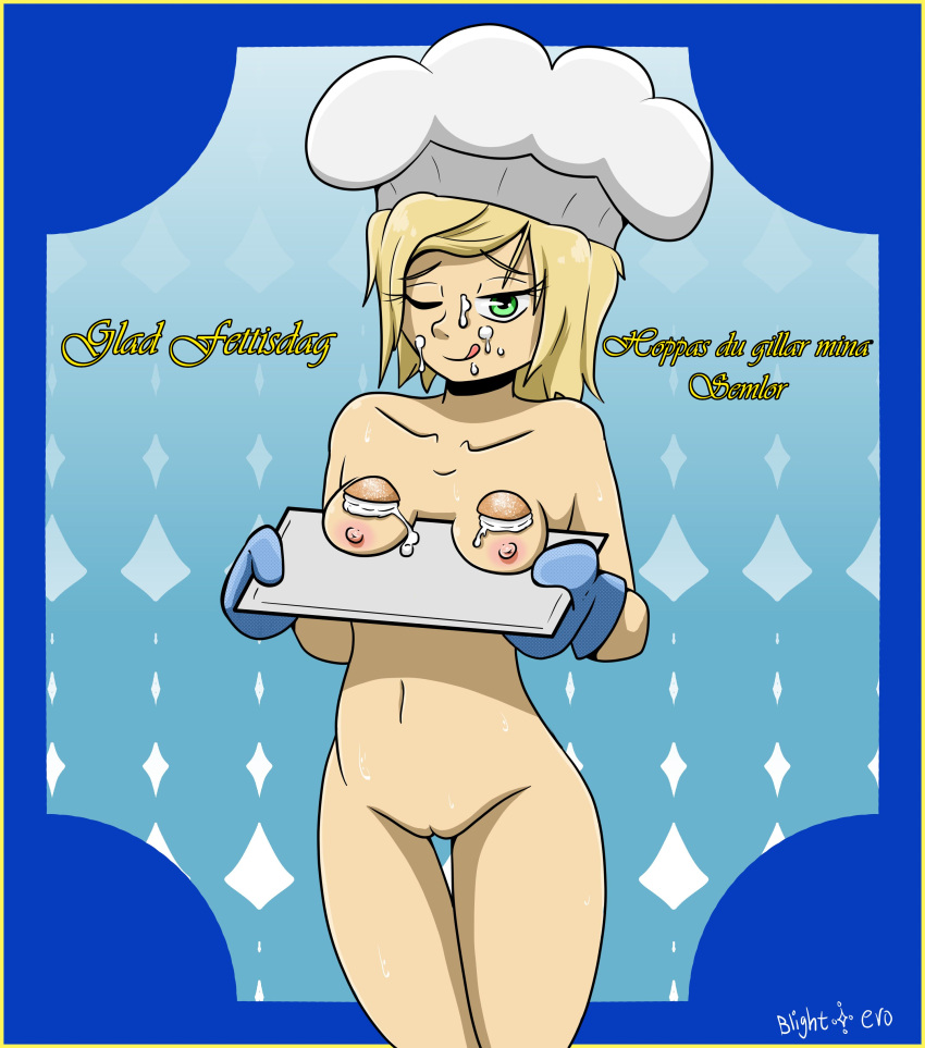 astrid_(blightstar) blightstar blonde_hair breasts breasts_on_tray chef_hat food_on_body gloves green_eyes mardi_gras nipples oven_mitts pussy serving_tray solo swedish_text translated vagina whipped_cream winking