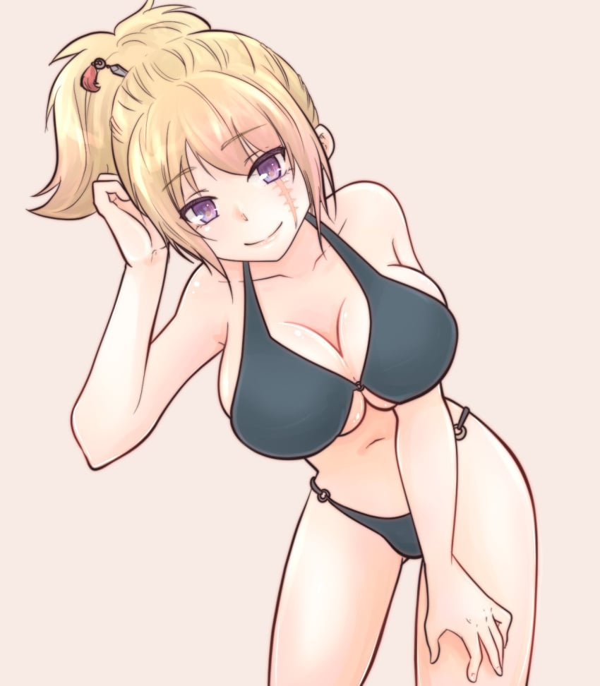 big_breasts bikini black_bikini blonde_hair cleavage facial_scar female female_only gintama hair_ornament leaning_forward looking_at_viewer official_alternate_costume paleatus ponytail purple_eyes smile solo swimsuit tsukuyo underboob