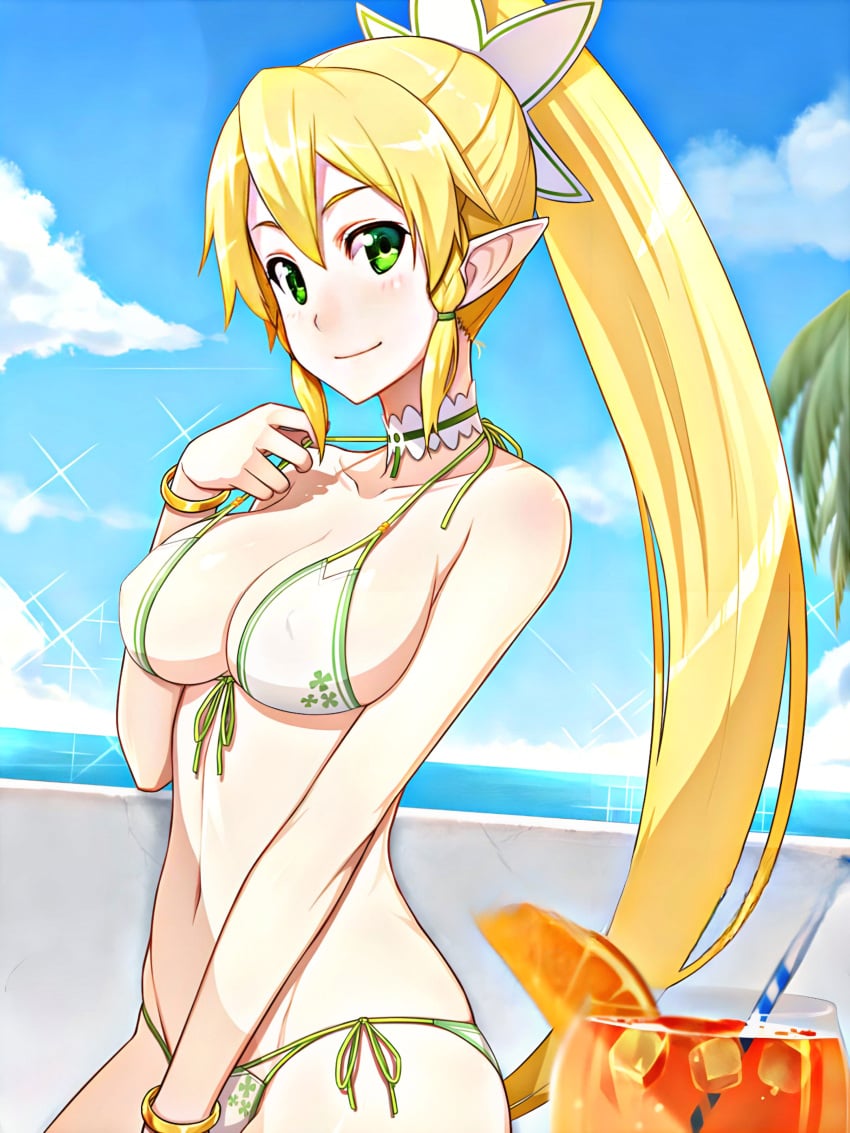 1girls big_breasts bikini blonde_hair busty cleavage elf_ears female female_only green_eyes large_breasts leafa legs long_hair looking_at_viewer navel ponytail solo sword_art_online thighs voluptuous