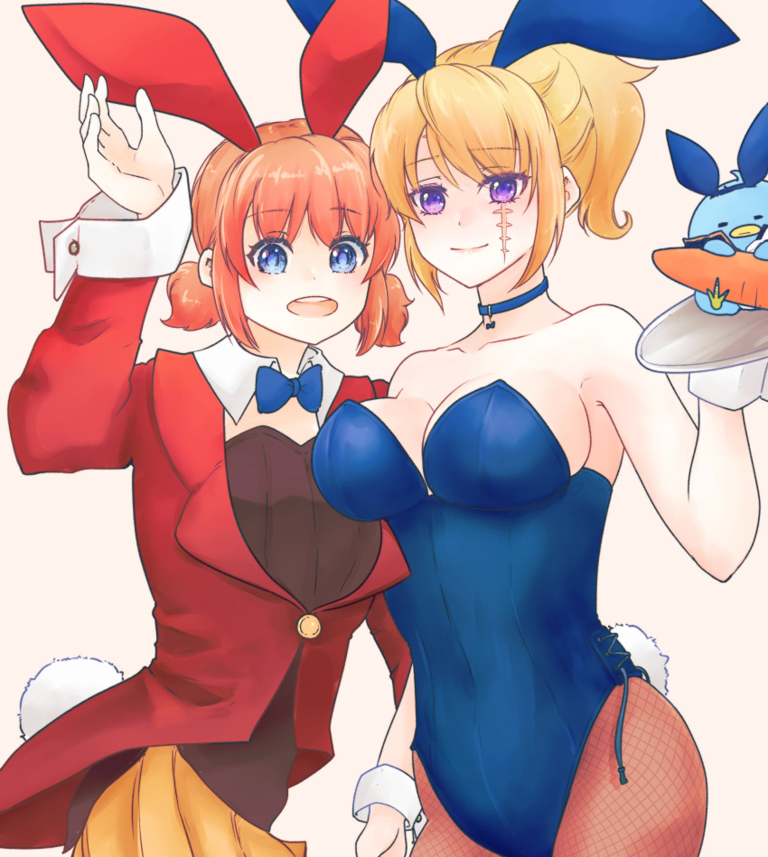 2girls alternate_costume big_breasts blonde_hair blue_eyes breast_size_difference bunny_ears bunny_girl bunny_tail bunnysuit choker cleavage facial_scar female female_only fishnets flat_chest fully_clothed gintama gintoki_sakata kagura_(gintama) looking_at_viewer multiple_girls orange_hair paleatus pantyhose playboy_bunny plushie ponytail purple_eyes smile tray tsukuyo twintails wholesome wrist_cuffs