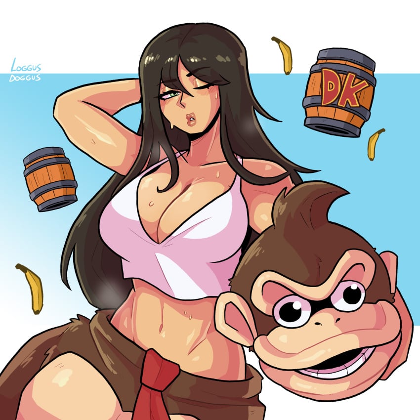 artist_name artist_signature brown_hair costume donkey_kong donkey_kong_(cosplay) donkey_kong_(series) female funny large_breasts loggus_doggus long_hair mascot mascot_costume nintendo oc original_character steam sweat sweatdrop sweaty taking_clothes_off