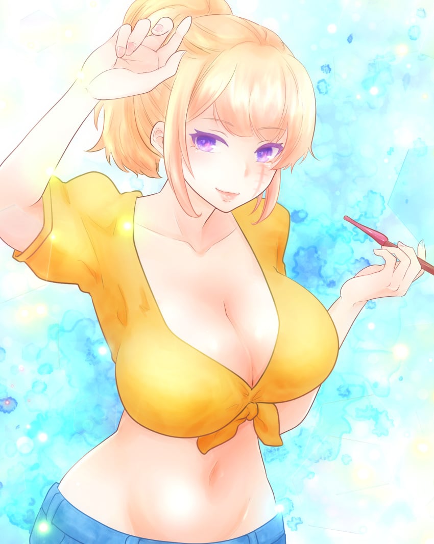 alternate_costume bare_midriff big_breasts blonde_hair cleavage facial_scar female female_only gintama hourglass_figure kiseru paleatus pipe ponytail purple_eyes smile smoking smoking_pipe solo tied_shirt tsukuyo