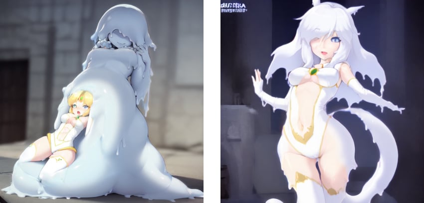 2girls ai_generated ai_vore cum_monster echidna_wars_dx milia_wars slime_girl transformation vore