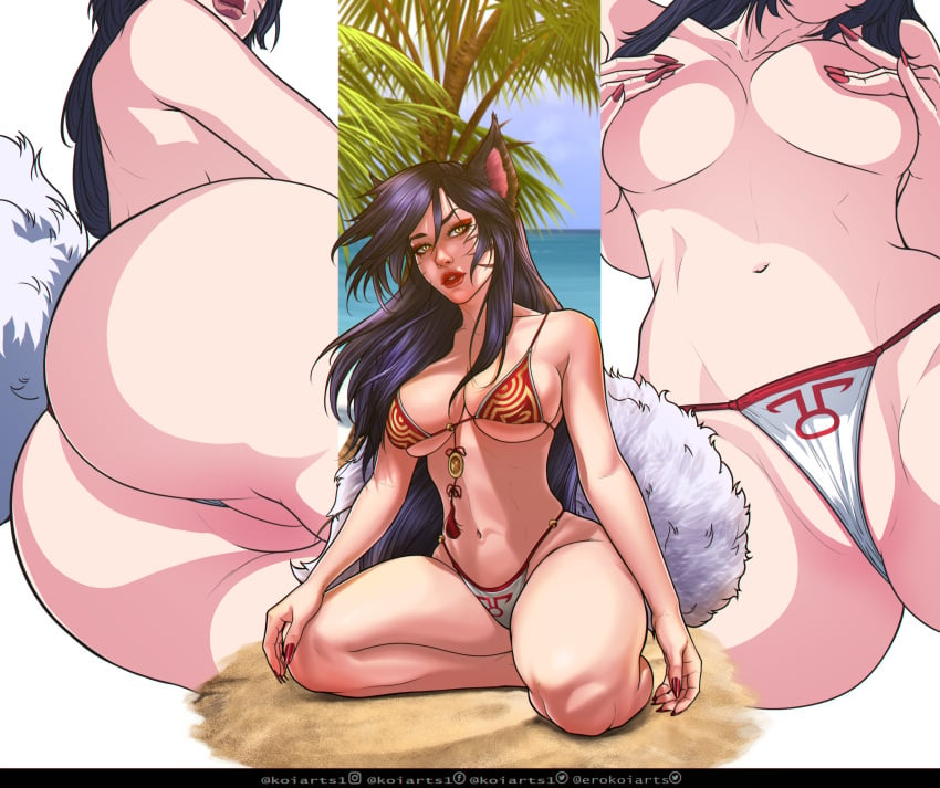 1girls ahri animal_ears animal_tail ass ass_shot big_ass big_lips bikini bikini_bottom bikini_top black_hair dat_ass eyeshadow female female_only hair hands_on_breasts huge_ass koiarts league_of_legends lips long_hair multiple_views nail_polish nails solo solo_female swimwear tail thick_lips thick_thighs thighs topless yellow_eyes