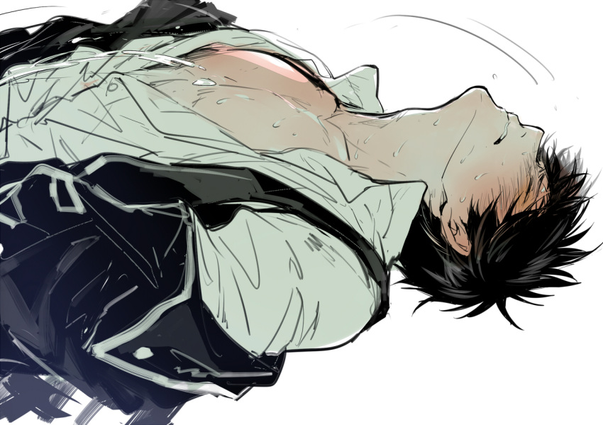 black_hair blush clenched_teeth closed_eyes cum ejaculation feiqiuxuan gintama head_back hijikata_toshiro implied_sex male male_only offscreen_sex open_shirt police_officer police_uniform shinsengumi_(gintama) solo sweat upper_body wavy_mouth