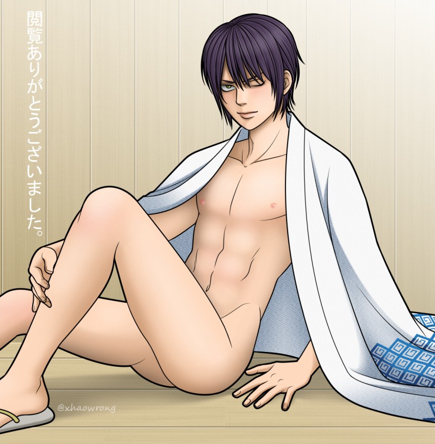 bishonen dark_hair dark_purple_hair gintama japanese_text kimono male male_only mostly_nude one_eye_closed open_kimono partially_clothed purple_hair sitting smile smirk solo takasugi_shinsuke wearing_others_clothes xhaowrong