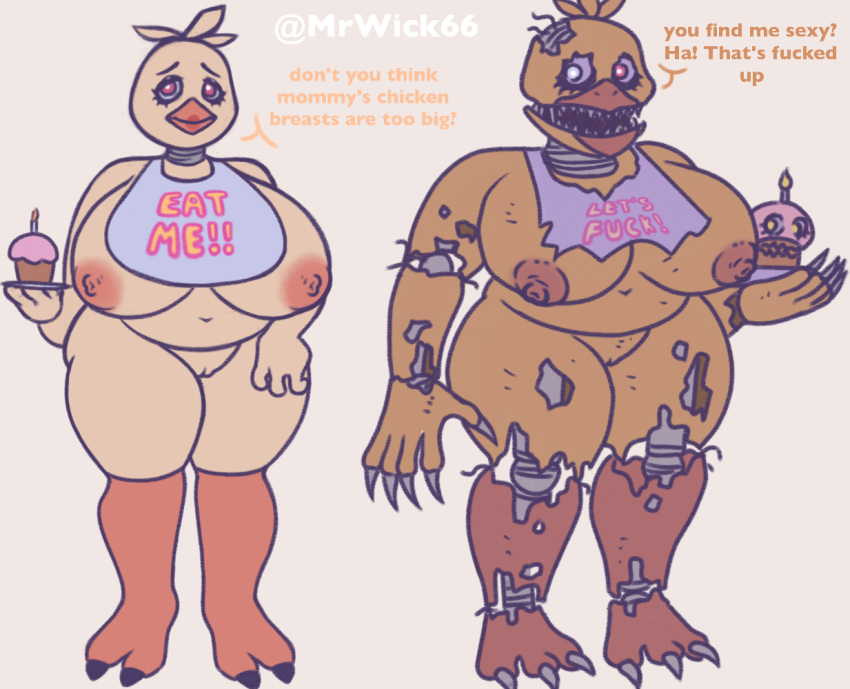 2d 2girls animatronic animatronic_female anthro beak big_ass big_breasts breasts busty canon_appearance chica_(fnaf) chicken chubby chubby_female classic_chica_(fnaf) cup eyelashes eyes female female_only five_nights_at_freddy's five_nights_at_freddy's_2 five_nights_at_freddy's_4 fnaf handless hips hyper_breasts legs massive_breasts mrwick multiple_girls nightmare_chica_(fnaf) nipples robot robot_female robot_girl robot_humanoid scottgames sharp_teeth tagme text thick thick_legs thick_thighs thighs voluptuous waist wide_hips yellow-skinned_female yellow_body yellow_fur yellow_hair yellow_skin