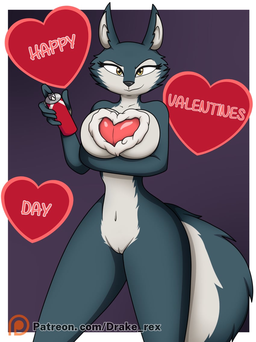 anthro breasts canid canine canis dairy_products drake-rex female food fur genitals grey_body grey_fur heart hi_res holidays illumination_entertainment mammal nude porsha_crystal pussy sing_(movie) smug solo valentine's_day whipped_cream wolf yellow_eyes