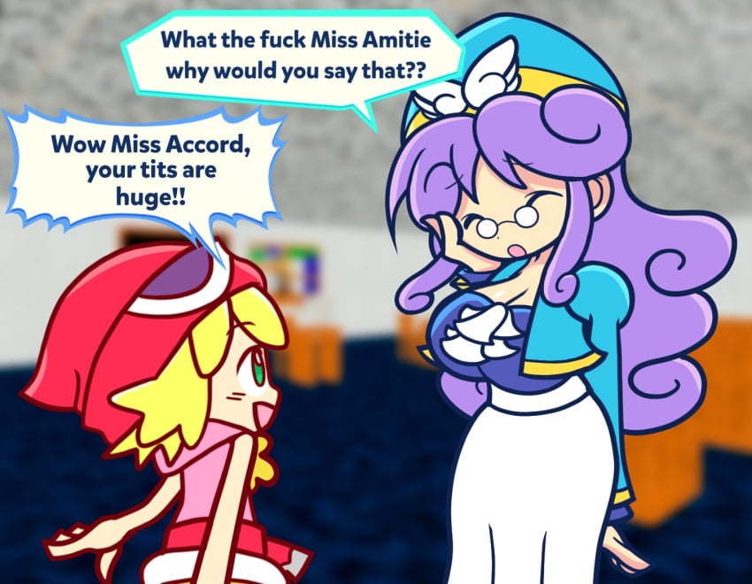 2girls accord_sensei accurate_art_style age_difference amitie baldi's_basics_in_education_and_learning big_breasts blonde_hair clothing compliment dialogue english_text furii_(artist) glasses green_eyes hat long_hair meme purple_hair puyo_puyo puyo_puyo_artstyle puyo_puyo_fever short_hair smile worried_expression