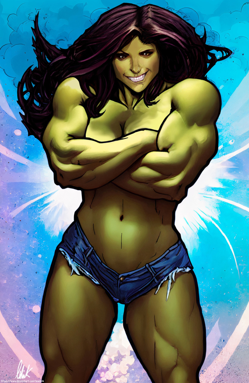 1girls abs ai_generated auburn_hair background beauty_mark biceps big_arms big_breasts big_thighs black_hair blue_background bodybuilder cleavage dark_hair digital_drawing_(artwork) digital_media_(artwork) female female_only fit fit_female fitness forearms green_body green_skin hotpants hulk hulk_(series) lewdink makeup marvel marvel_comics massive_thighs muscle_tone muscles muscular muscular_female muscular_legs muscular_thighs navel pose posing purple_hair she-hulk short_jeans short_shorts smile smiling smiling_at_viewer solo sparkle sparkles thick thick_legs thick_thighs thighs topless tree very_long_hair waiting white_background yellow_eyes