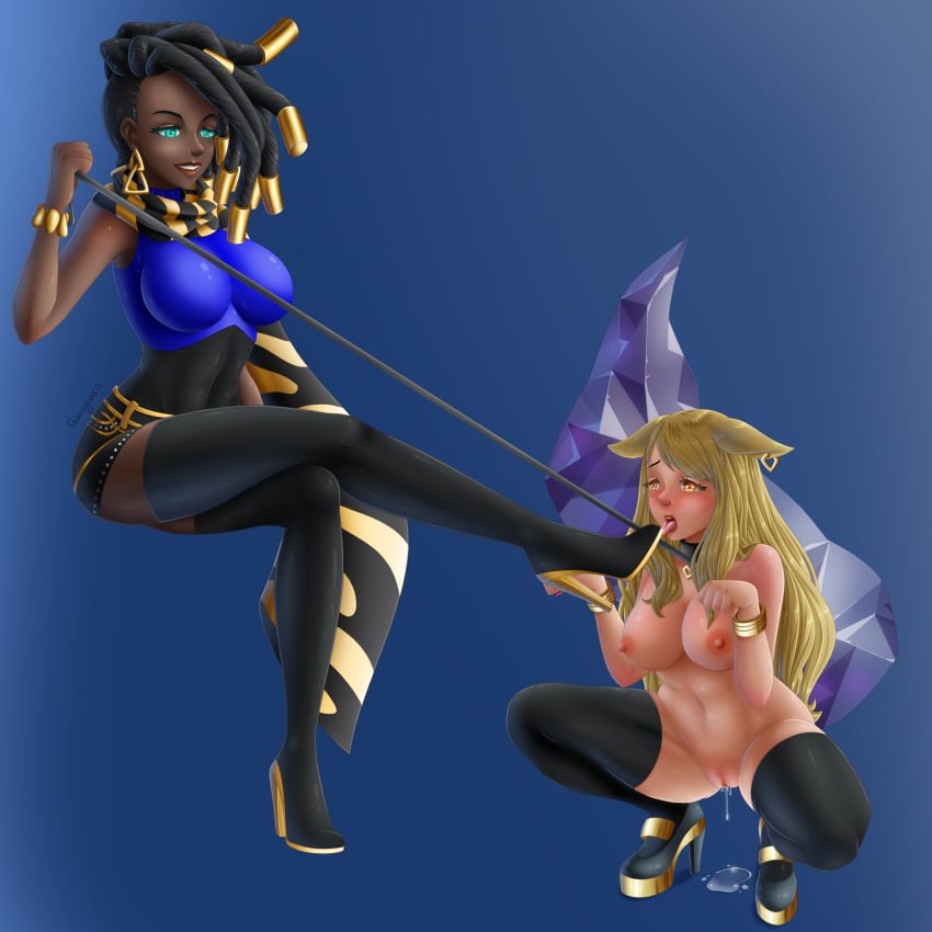 2girls ahri charoyuna collar dark-skinned_female dark_skin dreadlocks dripping_pussy female_only femdom femsub happy_sub heels high_heels k/da_ahri k/da_series league_of_legends leash lezdom light-skinned_female multiple_girls riot_games senna_(league_of_legends) snort squatting thighhighs yuri