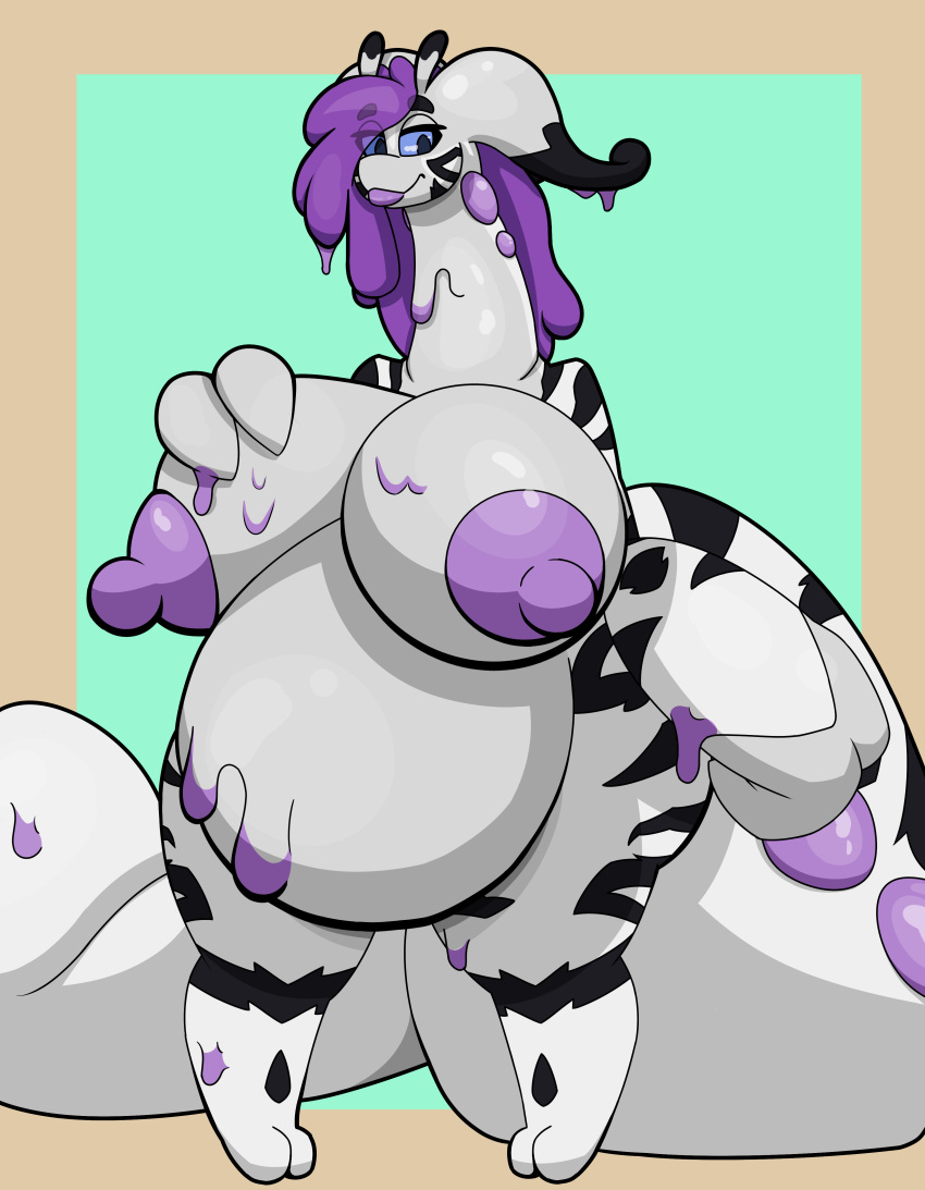 absurd_res anthro big_breasts big_tail blue_eyes breasts felid female firepawdacat firepawdacat_(artist) generation_6_pokemon goodra hair hi_res huge_belly huge_breasts huge_tail hybrid long_hair mammal nintendo nude pantherine pokemon pokemon_(species) purple_hair slime solo stripes tail tiger white_body