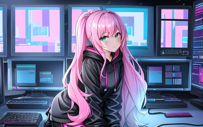 ai_generated black_hoodie blushing computer curvy_body cute hoodie monitors pink_hair sdev sitting