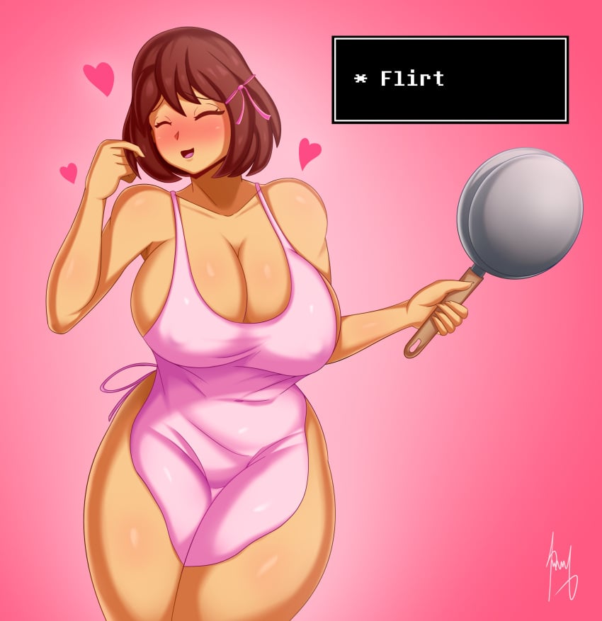 1girls apron big_breasts blush breasts cleavage female female_frisk frisk heart human human_only purplehorny redraw solo solo_female text undertale undertale_(series)