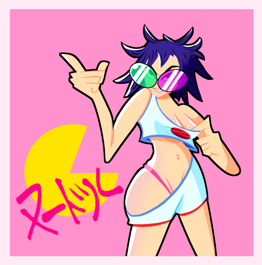 1girls athletic_shorts big_breasts clothing dolphin_shorts eyewear female female_only glasses gorillaz human noodle_(gorillaz) noodle_(pac-man) pac-man pac-man_(series) pale_skin pinup purple_hair shorts solo sportswear squabble