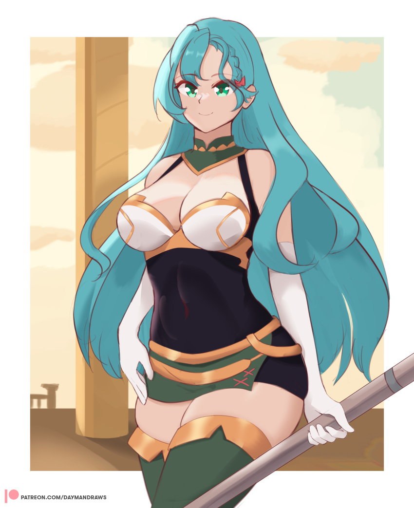 1girls absurdres aqua_hair bare_shoulders black_dress bow braid breasts chloe_(fire_emblem) cleavage commentary covered_navel cowboy_shot daymandraws dress elbow_gloves female female female_only fire_emblem fire_emblem_engage gloves green_eyes green_thighhighs hairbow highres holding large_breasts long_hair microdress nintendo pencil_dress red_bow sleeveless smile solo standing thighhighs thighs very_long_hair white_gloves