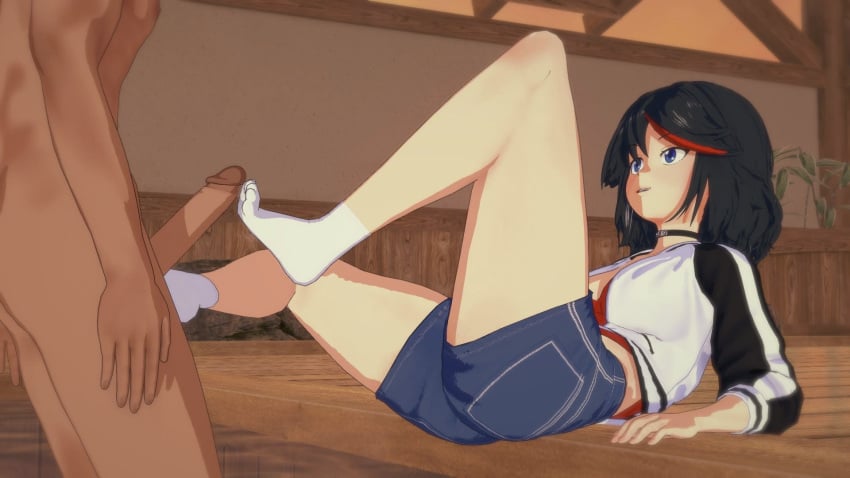 16:9 1boy 1girls 3d ashikoki clothed completely_nude_male denim_shorts feet female foot_fetish foot_on_penis footjob human kill_la_kill light-skinned light-skinned_female light_skin looking_at_partner male matoi_ryuuko open_eyes penis penis_tip shorts socks toes white_socks