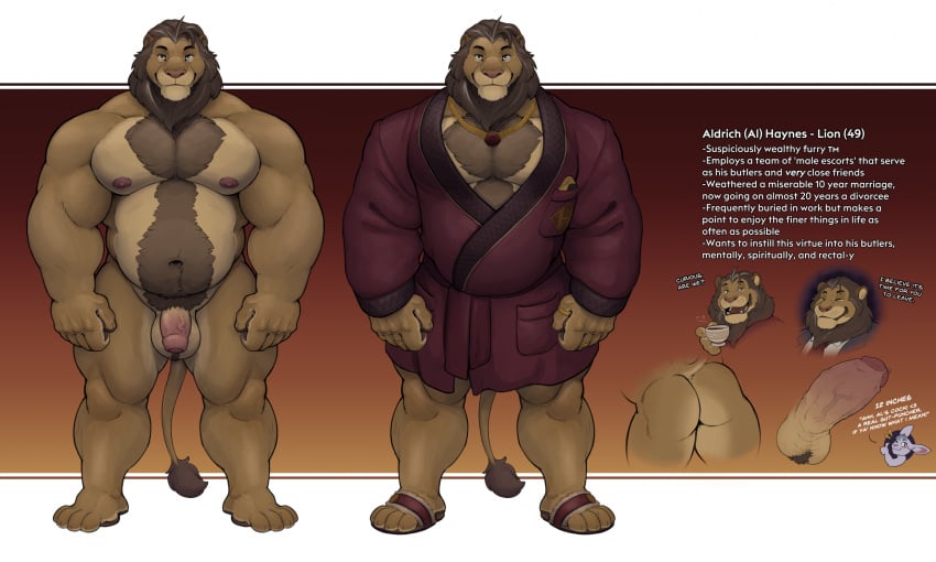 aldrich_haynes_(thepurp) annoyed anthro ass balls bathrobe belly belly_hair big_penis body_hair chest_tuft clothing container cup english_text erection felid flaccid footwear foreskin genitals hi_res jewelry lion male mammal mane mature_male model_sheet musclegut muscular muscular_male necklace nipples nude pantherine pecs penis robe sandals smile solo text thepurp thick_thighs tuft