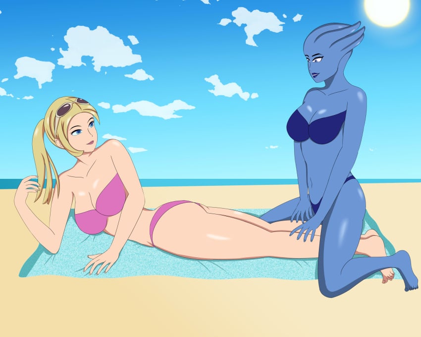 2girls anoneysnufftan applying_sunscreen asari beach bikini blonde_hair blue_eyes blue_skin chloe_bourgeois crossover edasbild embarrassed female female_only glasses glasses_on_head humiliation imminent_death killer_lotion liara_t'soni mass_effect massage miraculous_ladybug murder ocean outdoors outside peril ponytail punishment rubbing sand seaside sky snuff straight_hair summer sunbathing sunglasses sunglasses_on_head swimsuit towel