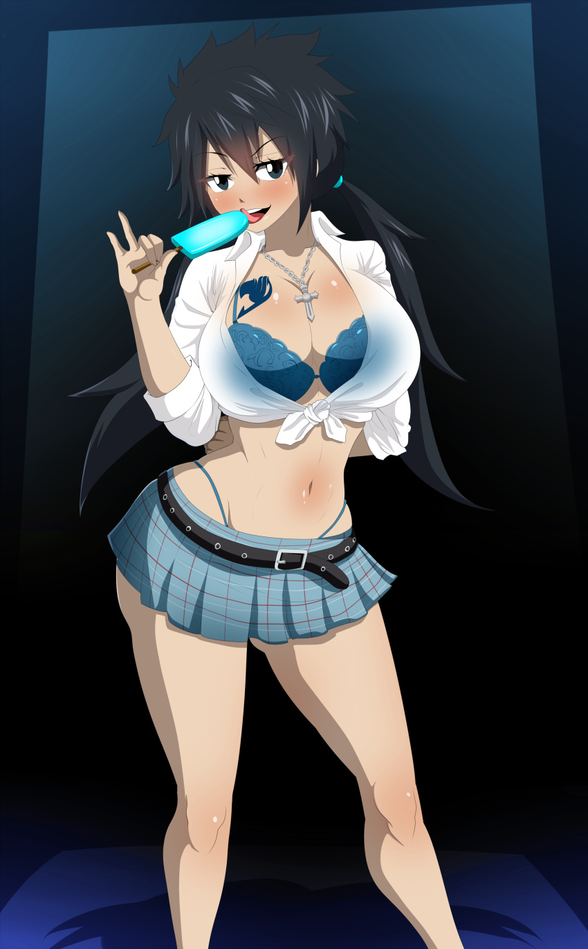 american_school belt black_hair blue_eyes bra bra_cups_sticking_out busty ed-jim fairy_tail female_grey front-tie_top gender_transformation gray_fullbuster greyfilla greyla gyaru huge_ass huge_breasts ice_cream licking long_legs microskirt midriff miniskirt navel necklace popsicle rule_63 seductive seductive_eyes seductive_gaze seductive_look seductive_mouth seductive_smile shirt_open short_skirt skirt thong_above_skirt thong_straps tied_shirt twintails white_shirt wide_hips