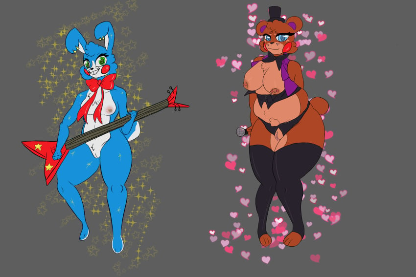 2023 animatronic anthro bear blue_body blue_eyes breasts brown_body clothed clothing digital_media_(artwork) discodemon duo female female/female five_nights_at_freddy's five_nights_at_freddy's_2 genitals green_eyes hi_res lagomorph leporid machine mammal mtf_crossgender nipple_piercing nipples nude partially_clothed pericings piercing pussy rabbit robot rule_63 scottgames toy_bonnie_(fnaf) toy_freddy_(fnaf)