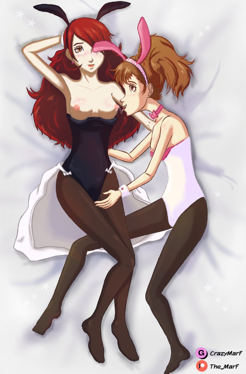 atlus bunny_ears bunny_girl bunnysuit female_protagonist_(persona_3) kotone_shiomi lesbian_couple licking_nipples megami_tensei mitsuru_kirijo persona persona_3 persona_3_portable the_marf touching_pussy yuri