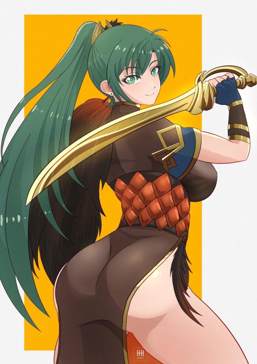 1girls alternate_costume ass back_view bare_thighs breasts brown_dress commentary cowboy_shot dress female female_only fire_emblem fire_emblem:_the_blazing_blade fire_emblem_heroes from_behind green_eyes green_hair highres holding holding_sword holding_weapon ihsnet large_ass large_breasts long_hair looking_at_viewer looking_back lyn_(fire_emblem) nintendo official_alternate_costume ponytail short_sleeves smile solo standing sword thick_thighs thighs very_long_hair weapon