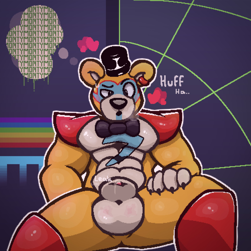 abs absurd_res animal_genitalia anthro balls bear big_balls blue_body blush bodily_fluids bodypaint bow_tie brown_body clothing confusion cum cum_on_self digital_media_(artwork) ear_piercing ear_ring face_paint five_nights_at_freddy's five_nights_at_freddy's:_security_breach flaccid fur gay genital_fluids genitals glamrock_freddy_(fnaf) glistening glistening_body hand_on_leg hat headgear headwear heart hi_res jewelry looking_down looking_pleasured male male_only mammal muscular muscular_anthro muscular_male nude onomatopoeia open_mouth orange_body orange_fur pecs penis piercing pixel_(artwork) precum purple_background rainbow red_clothing ring_piercing scottgames sheath shirtless shoulder_pads simple_background sitting solo sound_effects spyromancer sweat tan_balls tan_body tan_fur tan_sheath text thought_bubble top_hat