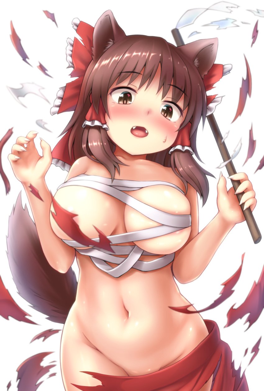 1girls animal_ears areolae bandages bangs bare_arms bare_shoulders blush bow breasts brown_eyes brown_hair chest_sarashi cowboy_shot fangs female fingernails frilled_bow frills gohei groin hair_bow hands_up head_tilt holding kemonomimi_mode large_breasts long_hair looking_at_viewer navel open_mouth red_bow red_skirt reimu_hakurei sarashi sharp_fingernails shiratsuki_shiori simple_background skirt solo stomach sweat torn_clothes torn_skirt touhou undone_sarashi white_background wolf_ears