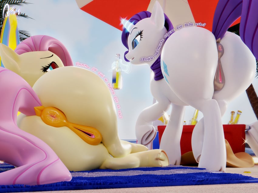 3d_(artwork) absurd_res animal_genitalia animal_pussy anus ass beach big_butt digital_media_(artwork) duo equid equine equine_genitalia equine_pussy female feral fluttershy_(mlp) friendship_is_magic genitals hasbro hi_res horn mammal my_little_pony pussy quicktimepony rarity_(mlp) spanish_text text unicorn