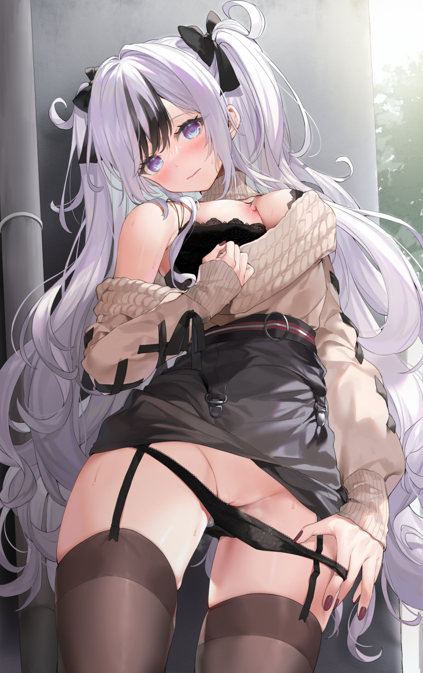 1girls absurdres alternate_costume azur_lane bare_shoulders black_bow black_bra black_garter_straps black_hair black_panties black_skirt black_thighhighs blush bow bra breasts brown_sweater cleavage cleft_of_venus commentary_request elbe_(azur_lane) elbe_(pure-hearted_bad_girl)_(azur_lane) female garter_straps hairbow highres iron_blood_(azur_lane) lace-trimmed_bra lace-trimmed_panties lace_trim large_breasts light-skinned_female light_skin long_hair looking_at_viewer multicolored_hair nail_polish nipples off-shoulder_shirt off_shoulder official_alternate_costume panties panty_pull pussy seityoukl shirt skirt solo streaked_hair sweater thighhighs thighs two-tone_hair underwear very_long_hair wavy_hair white_hair