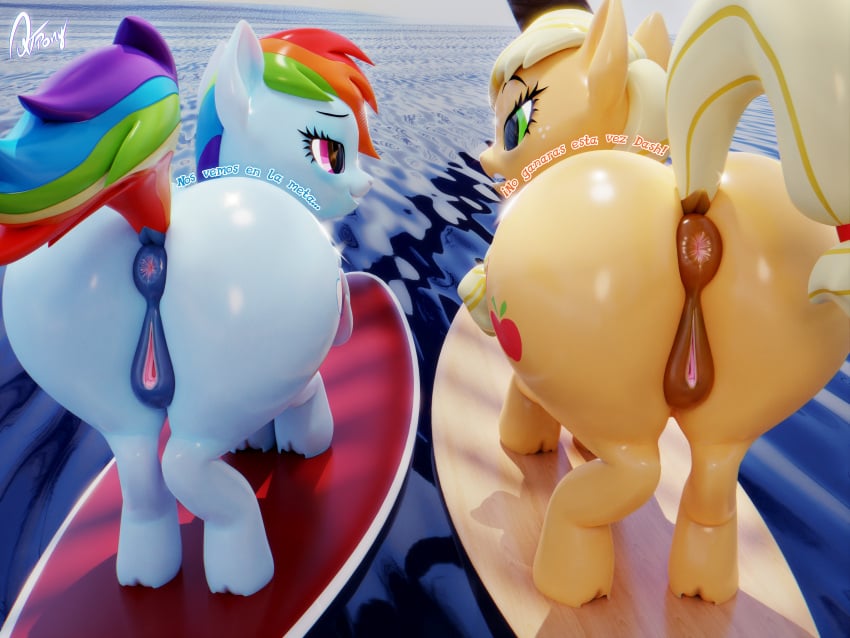 2girls 3d_(artwork) absurd_res animal_genitalia animal_pussy anus applejack_(mlp) ass big_butt digital_media_(artwork) duo equid equine equine_genitalia equine_pussy female feral friendship_is_magic genitals hasbro hi_res mammal my_little_pony ponut pussy quicktimepony rainbow_dash_(mlp) rear_view spanish_text text watermark