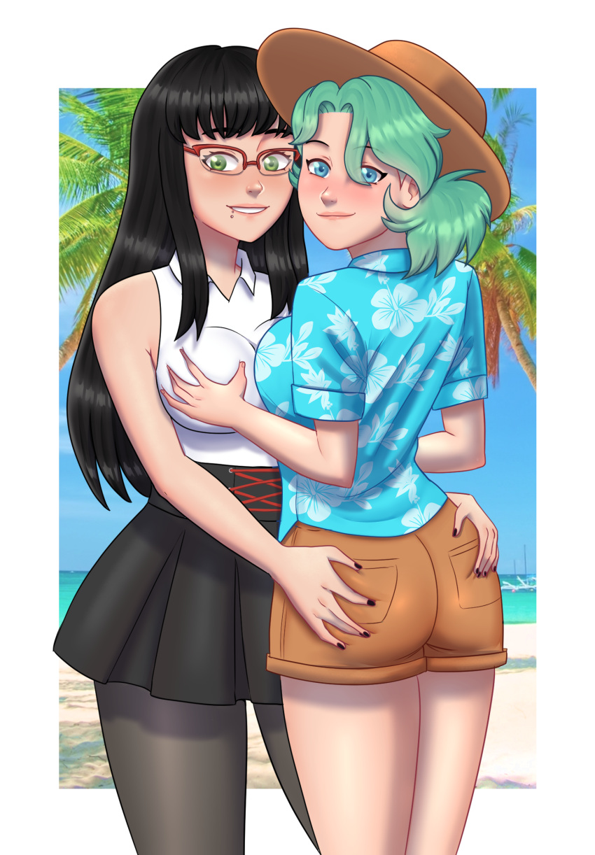 2girls beach blue_eyes breast_grab butt_grab fionapollo fully_clothed glasses green_eyes hamstery mint_(fionapollo) piercing prettycringey shorts skirt youtube youtuber youtuber_girl