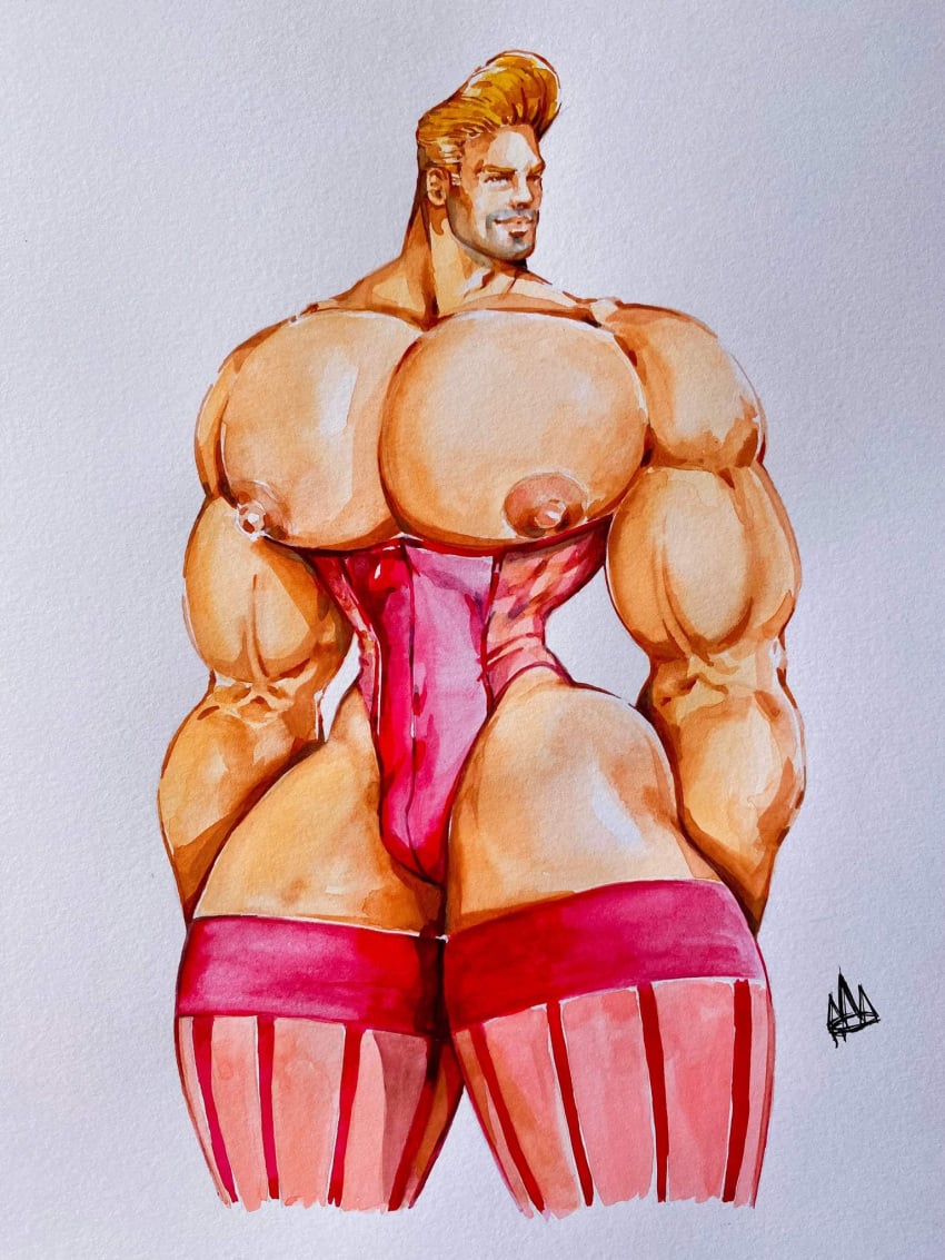 biceps big_chest big_pecs bulge bulging_biceps corset huge_chest huge_pecs male male_only muscles muscular muscular_male pecs rodrigolandave8 stockings thick_thighs watercolor_(artwork)