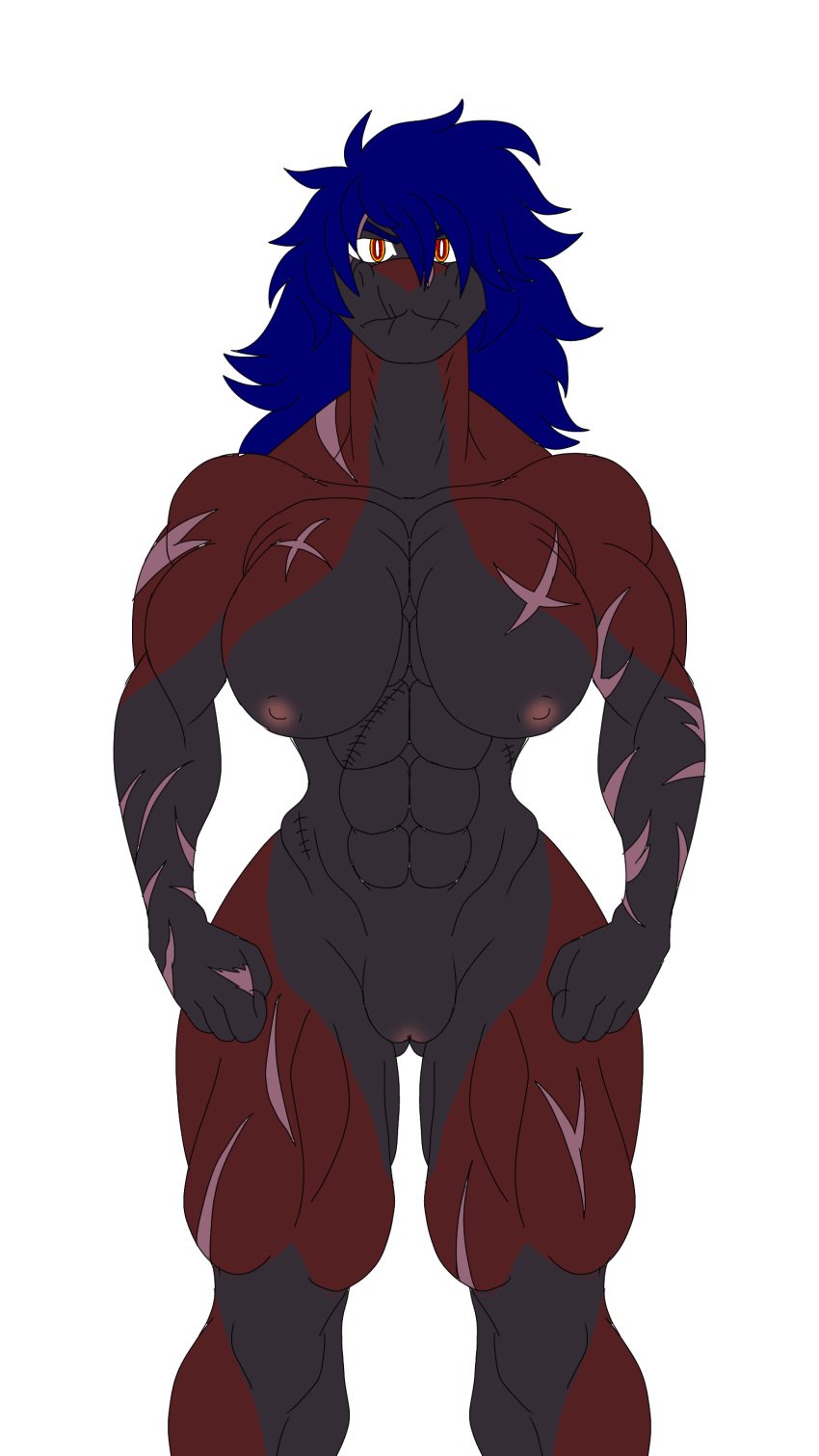 absurd_res anthro anubis_(chupadore) big_breasts black_body black_fur blue_mane breasts canid canine chupadore female fox fur genitals hair hi_res long_hair male mammal mane marcy's_lewd_images multicolored_body multicolored_fur muscular muscular_male nipples pussy red_body red_fur rule_63 scars_all_over solo two_tone_body two_tone_fur yellow_eyes