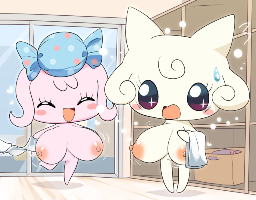 2girls alternate_breast_size big_areola blush_stickers breast_expansion candy_pakupaku changing_room detailed_background embarrassed happy hearts_around_head huge_breasts lets0020 naked pianitchi smiling surprised sweatdrop tamagotchi top_heavy towel