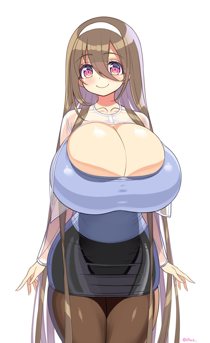 1girls barely_contained blush clothed collarbone dirty_blonde_hair eyebrows_visible_through_hair female headband huge_breasts light_skin looking_at_viewer original_character pantyhose pencil_skirt pink_eyes sfw shiny_clothes shiny_skin shuz_(dodidu) skindentation smiling_at_viewer solo squished_breasts top_heavy yurika_aiuchi_(shuz)