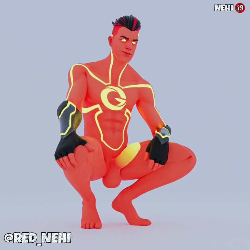 big_penis chest feet foot_fetish fortnite fortnite:_battle_royale gay grefg lightning looking_at_viewer looking_down looking_down_at_viewer low-angle_view luminous_eyes male male_only muscular muscular_male red_body red_hair red_nehi solo squatting streamer thegrefg yellow_eyes