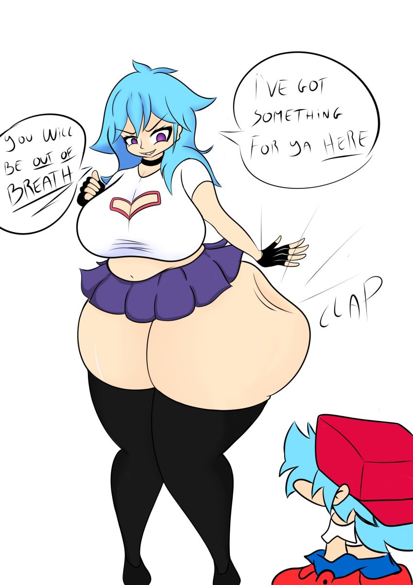 ass_slap ass_slapping bbw big_ass big_breasts big_butt bigger_dom bigger_female blue_hair boyfriend_(friday_night_funkin) female friday_night_funkin happy happy_female huge_ass huge_breasts jun- sky_(friday_night_funkin) skyblue slapping_butt smaller_male taller_girl