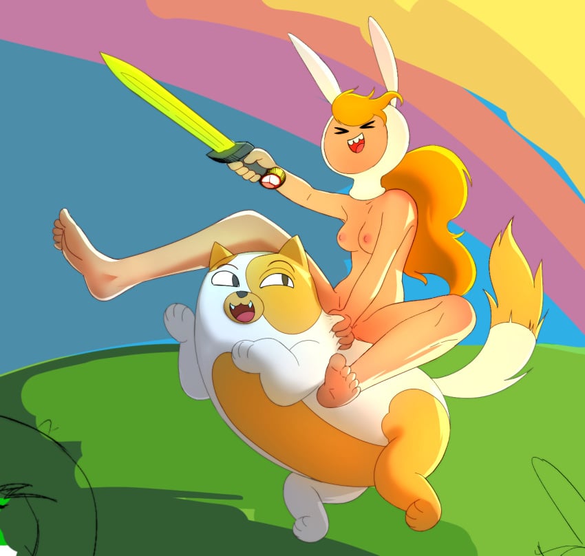 2020 2girls adventure_time anthro areolae barefoot breasts buckteeth cake_the_cat cartoon_network casual closed_eyes d-rock drockdraw female fionna_the_human_girl full_body happy hat_only headwear human nipples nude nude_female open_mouth outdoors pale_skin riding_on_back sketch slender sword thighs weapon