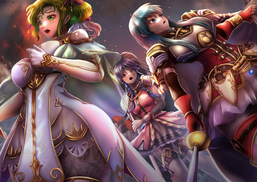 3girls bare_thighs blue_eyes blue_hair boots braid breasts dark_blue_hair defeated eirika_(fire_emblem) elbow_gloves female female_only fire fire_emblem fire_emblem:_the_sacred_stones gloves green_eyes green_hair l'arachel_(fire_emblem) large_breasts light_blue_eyes light_blue_hair long_hair medium_breasts medium_hair miyakura_haruto multiple_girls nintendo open_mouth outdoors petrification ponytail shocked skirt spear sword tana_(fire_emblem) thick_thighs thigh_boots thighs transformation twin_braids twintails weapon wide_hips