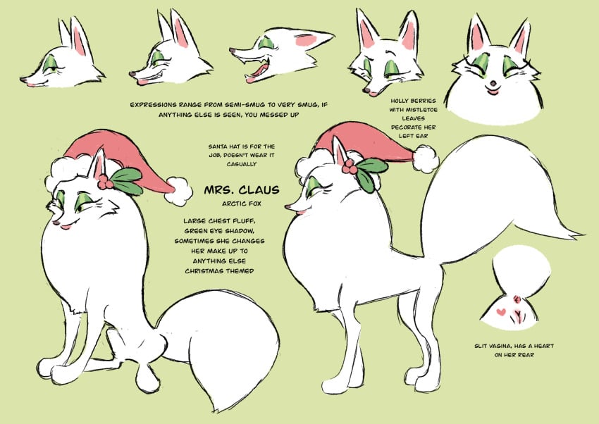 anus arctic_fox canid canine christmas christmas_clothing christmas_headwear clothing female feral fox fur genitals green_background hat headgear headwear hi_res holidays labbit1337 mammal model_sheet mrs._claus pussy santa_hat simple_background solo white_body white_fur