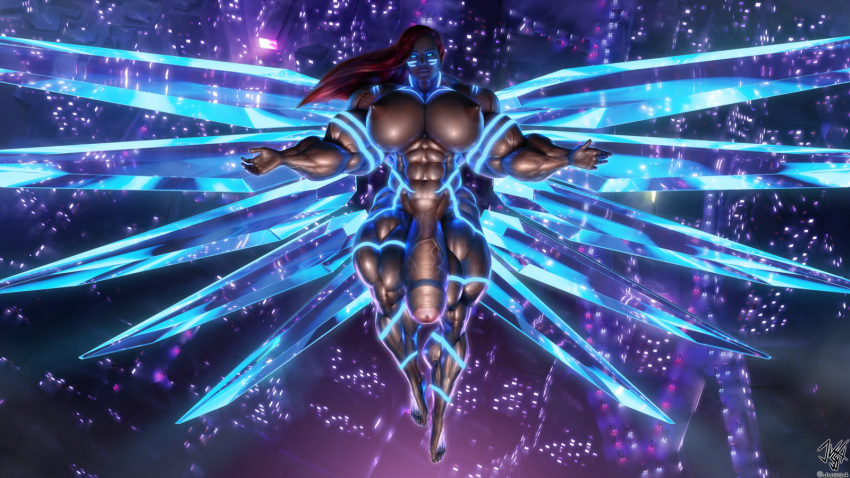 abs blue_eyes body_markings cleavage dominant dominant_futanari flaccid_cock flaccid_penis floating flying foreskin futa_only futanari futuristic glowing_eyes glowing_tattoo goddess huge_balls huge_breasts huge_cock huge_cock jugg4 looking_at_viewer massive_penis mizuki_nagano muscular muscular_futanari naked nude red_hair