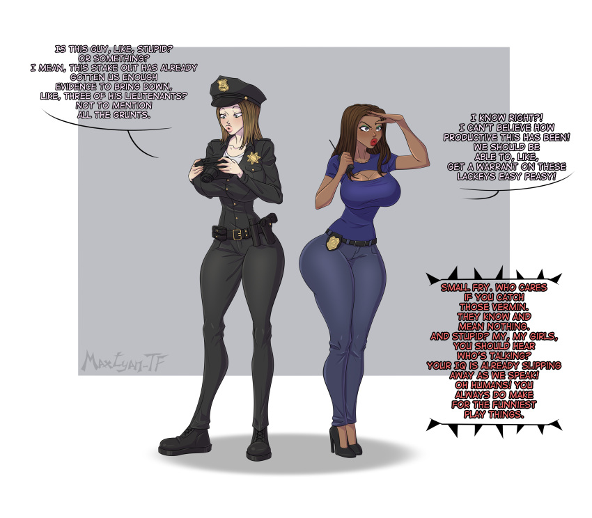 2girls ass_expansion breast_expansion dialogue female fully_clothed hair_color_change large_ass large_breasts lip_expansion maxtyan-tf mid-transformation police_uniform policewoman thick_thighs thigh_expansion transformation