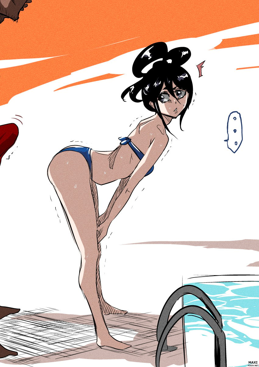 1girls absurdres ass before_sex bent_over bleach breasts erect_penis erection female female_focus highres kuchiki_rukia male mature mature_female maxi milf petite poolside standing swimsuit